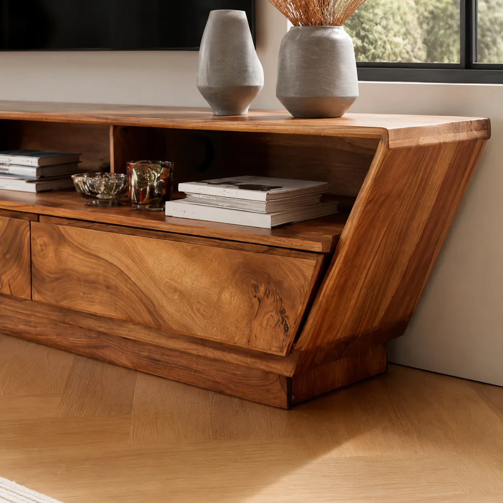 Geometric Natural Solid Wood TV Stand with Open Shelf and Hidden Storage
