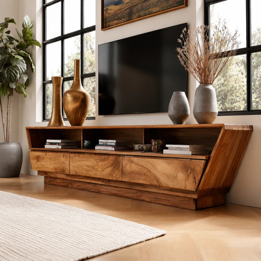 Geometric Natural Solid Wood TV Stand with Open Shelf and Hidden Storage