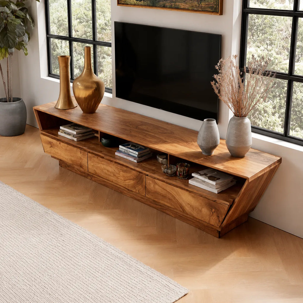 Geometric Natural Solid Wood TV Stand with Open Shelf and Hidden Storage