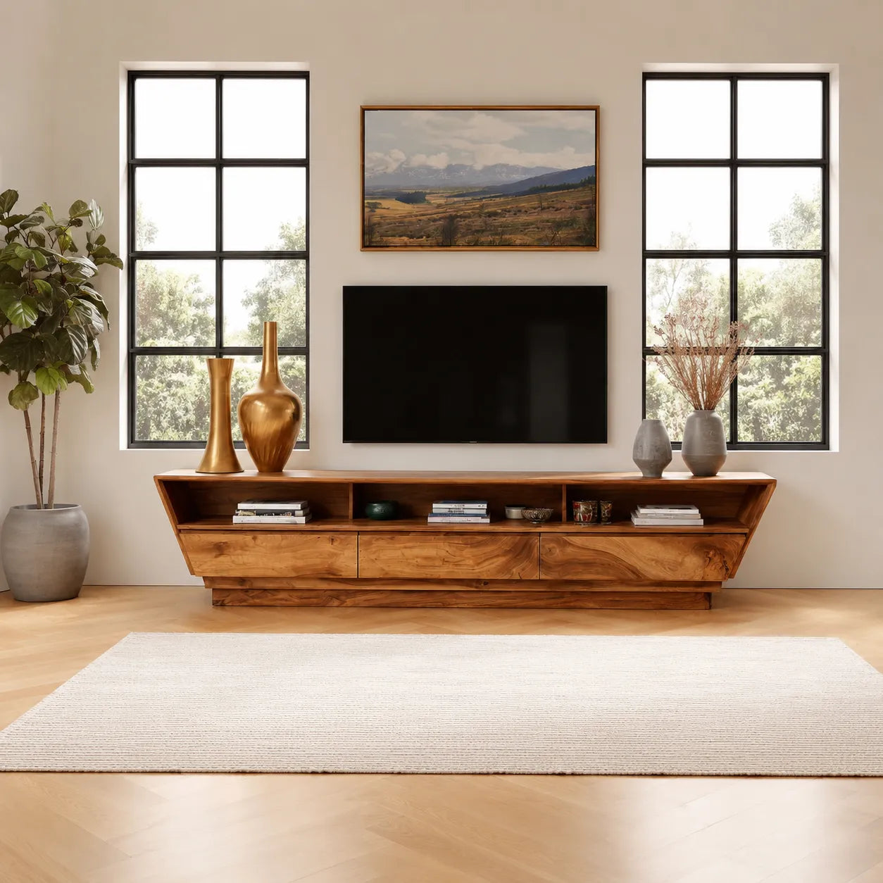 Geometric Natural Solid Wood TV Stand with Open Shelf and Hidden Storage