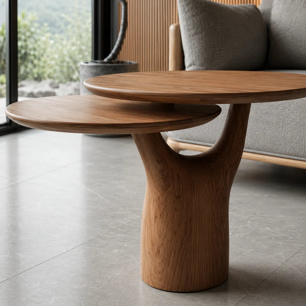 Tiered Natural Solid Wood Coffee Table with Sculptural Pedestal Base