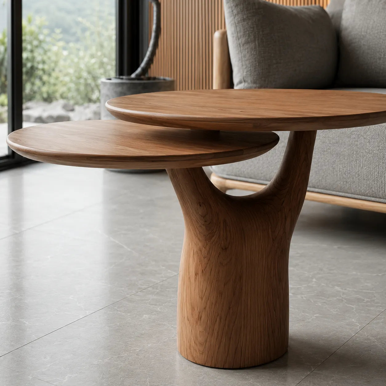 Tiered Natural Solid Wood Coffee Table with Sculptural Pedestal Base