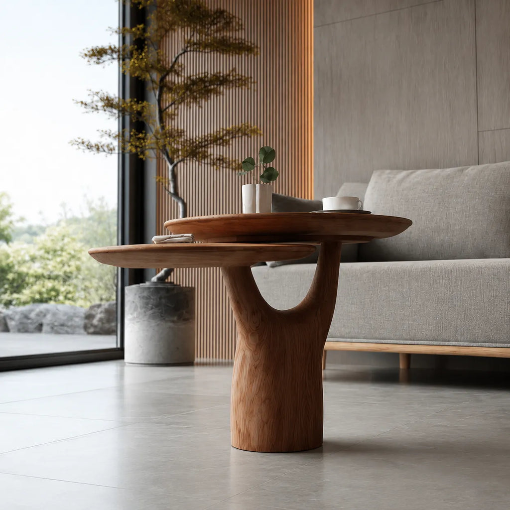 Tiered Natural Solid Wood Coffee Table with Sculptural Pedestal Base