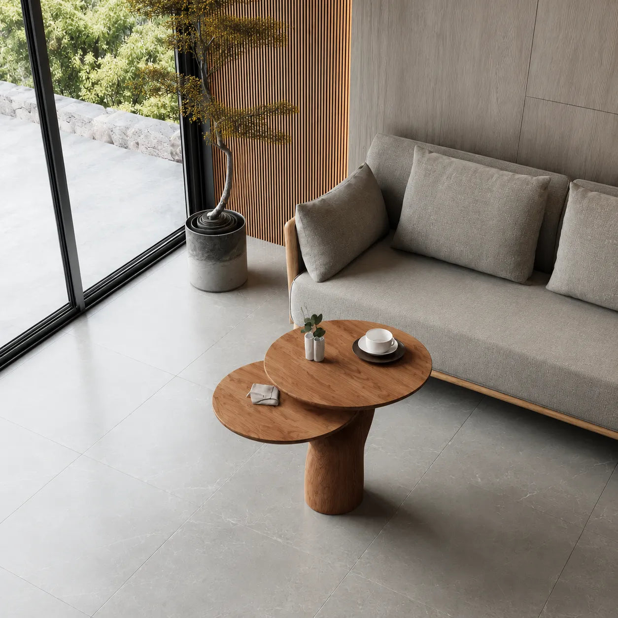 Tiered Natural Solid Wood Coffee Table with Sculptural Pedestal Base
