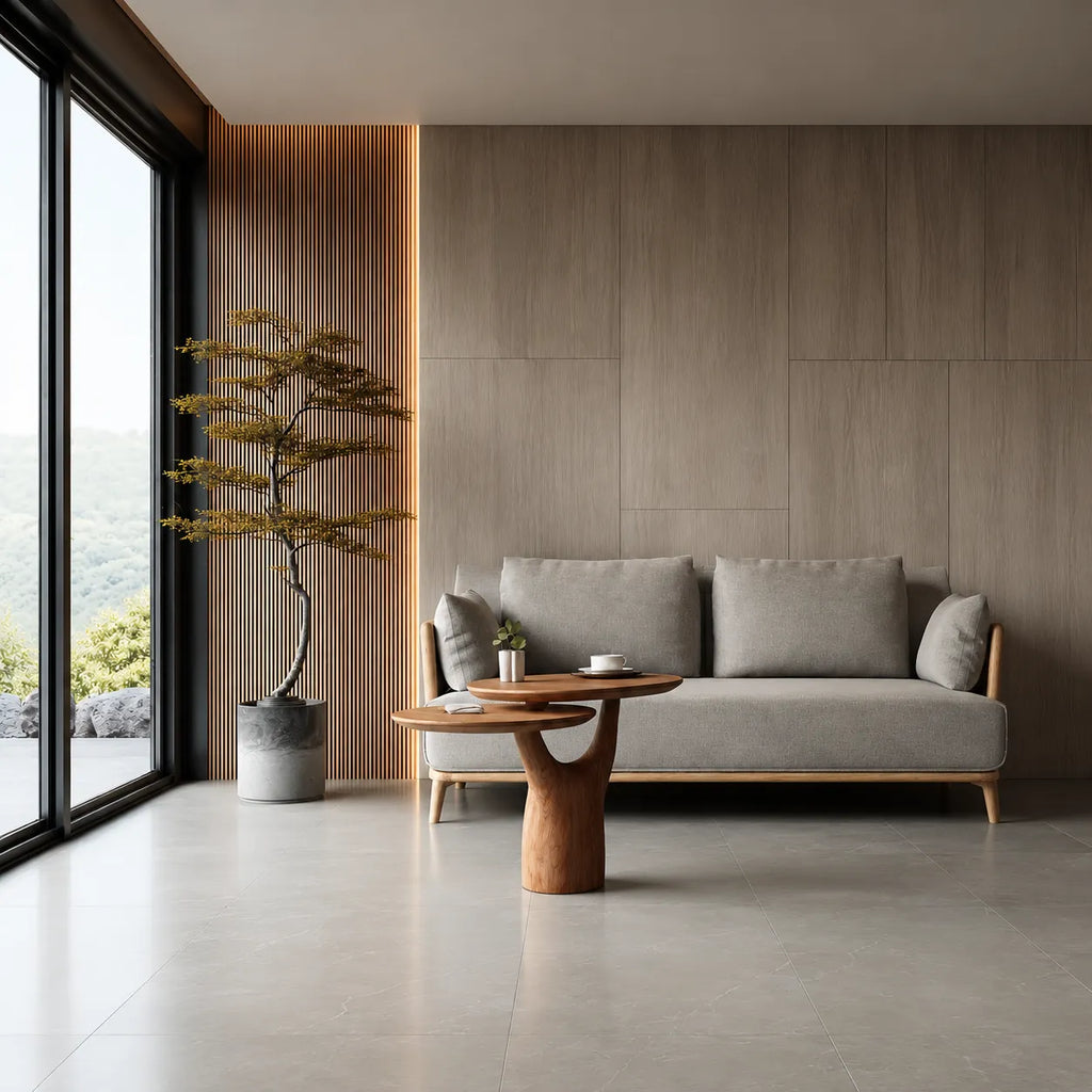 Tiered Natural Solid Wood Coffee Table with Sculptural Pedestal Base