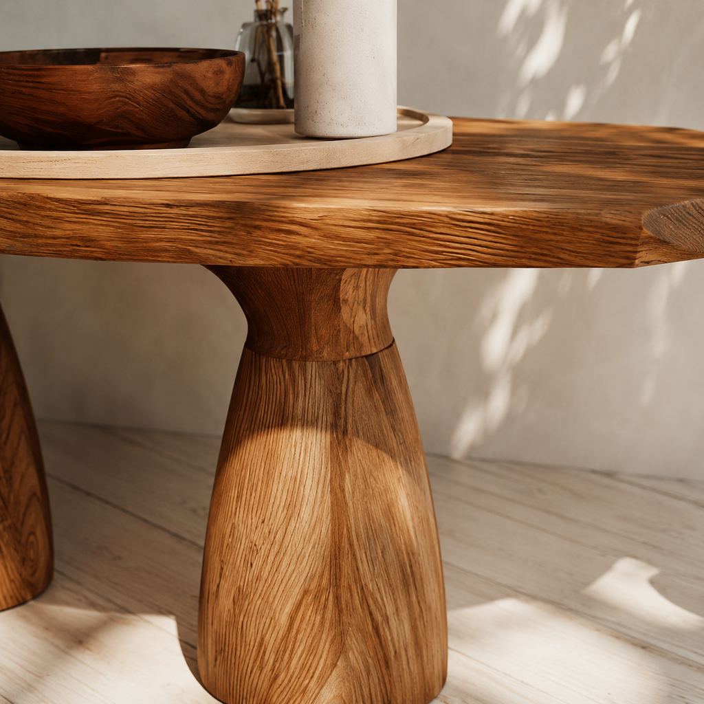 Organic Natural Solid Wood Coffee Table with Sculptural Pedestal Base