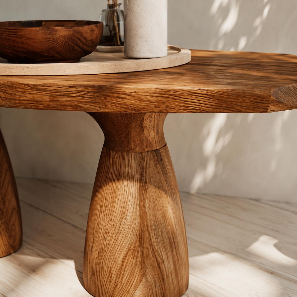 Organic Natural Solid Wood Coffee Table with Sculptural Pedestal Base