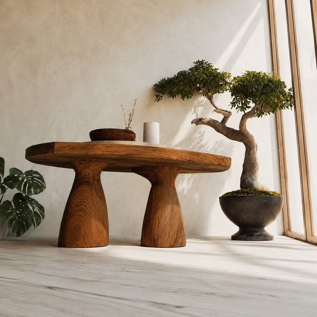 Organic Natural Solid Wood Coffee Table with Sculptural Pedestal Base