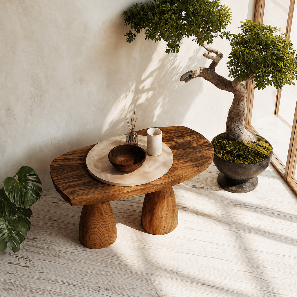 Organic Natural Solid Wood Coffee Table with Sculptural Pedestal Base