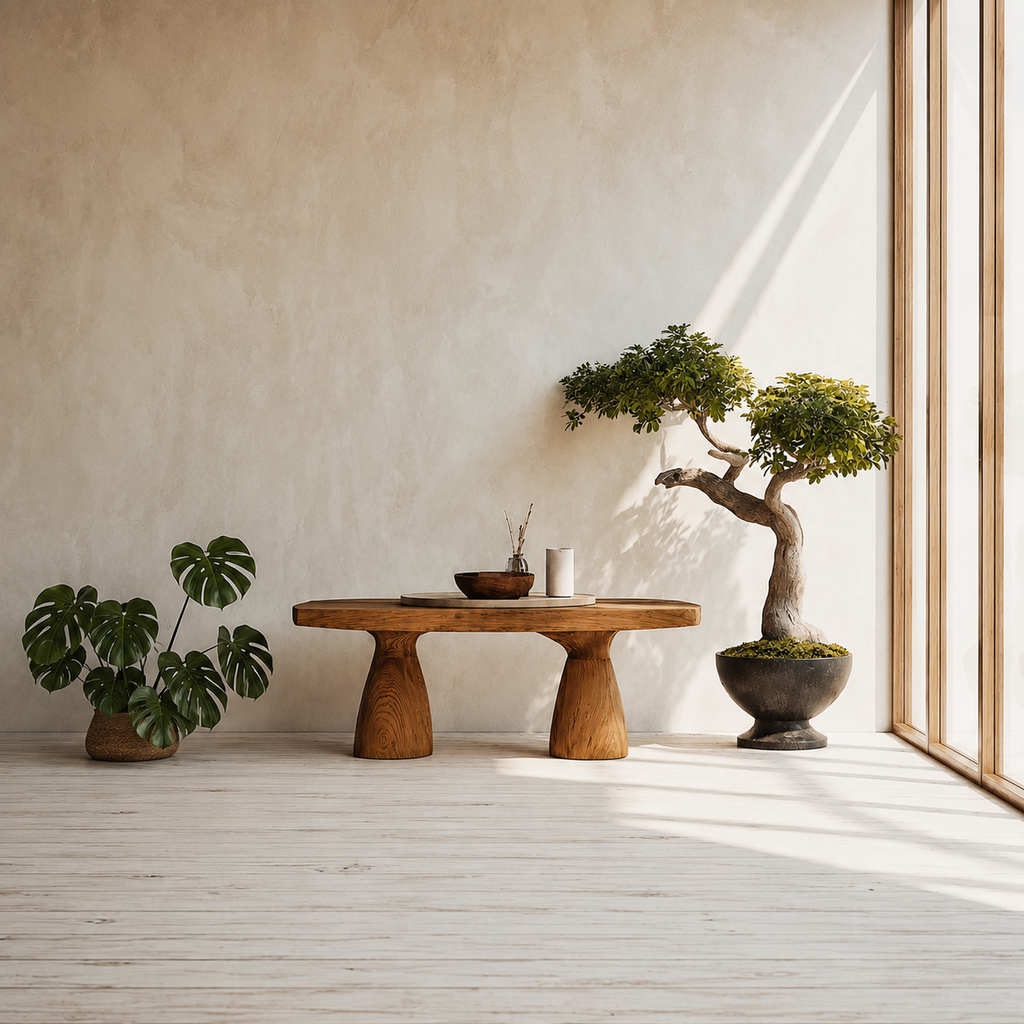Organic Natural Solid Wood Coffee Table with Sculptural Pedestal Base