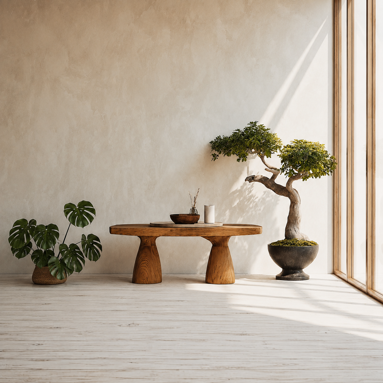 Organic Natural Solid Wood Coffee Table with Sculptural Pedestal Base