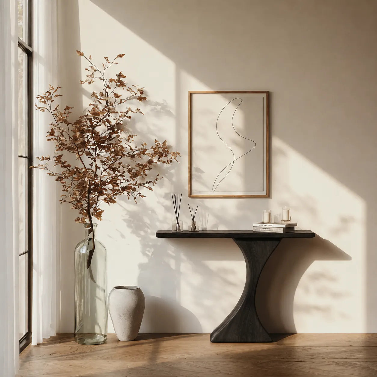 Natural Solid Wood Sculptural Console Table for Entryway and Hallway