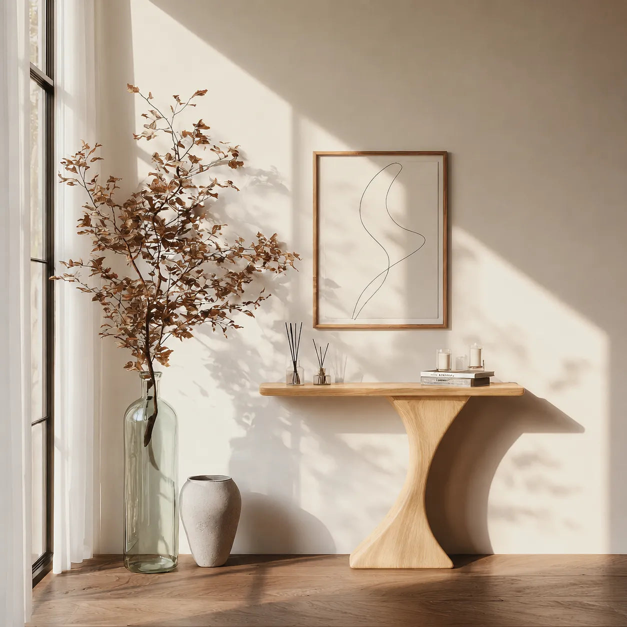 Natural Solid Wood Sculptural Console Table for Entryway and Hallway