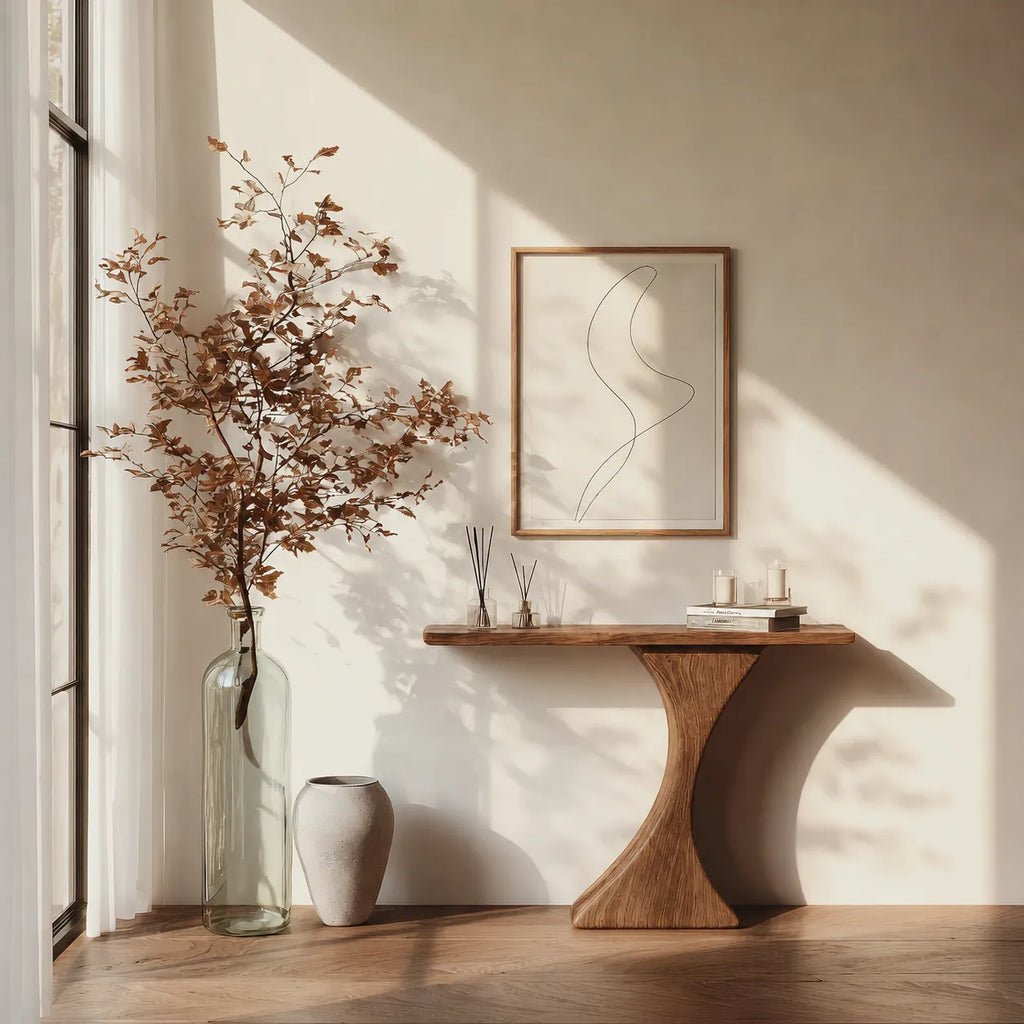 Natural Solid Wood Sculptural Console Table for Entryway and Hallway