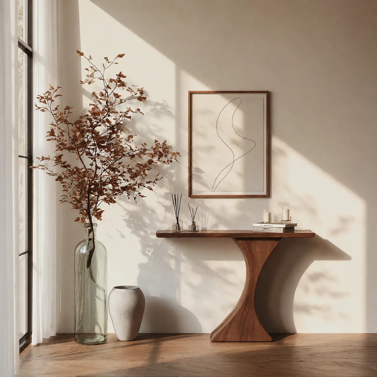 Natural Solid Wood Sculptural Console Table for Entryway and Hallway