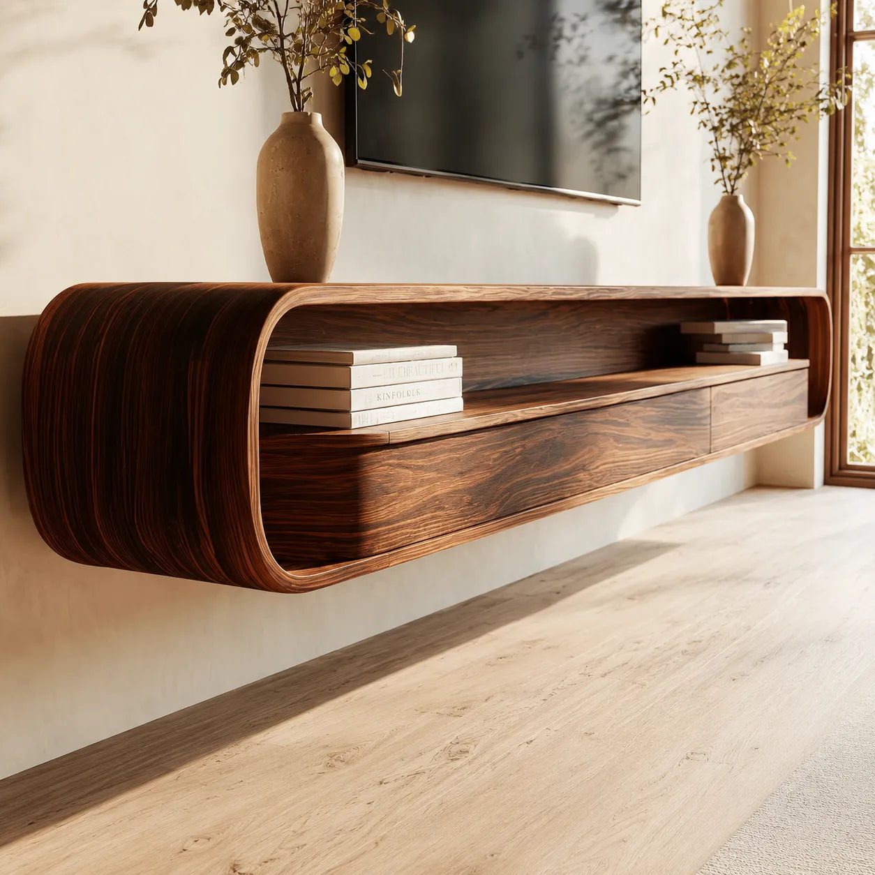 Floating Natural Solid Wood TV Stand with Curved Open Shelf Storage