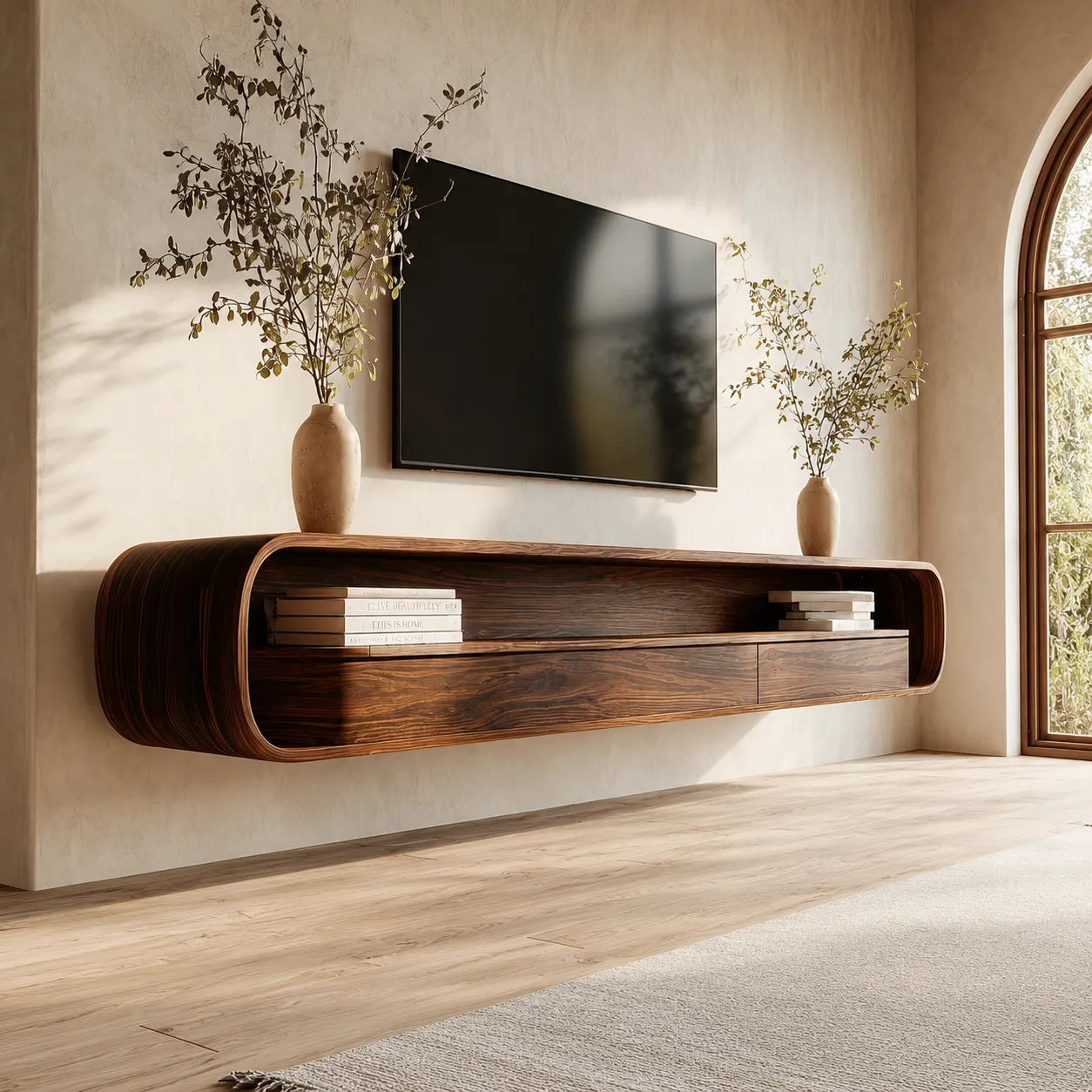 Floating Natural Solid Wood TV Stand with Curved Open Shelf Storage
