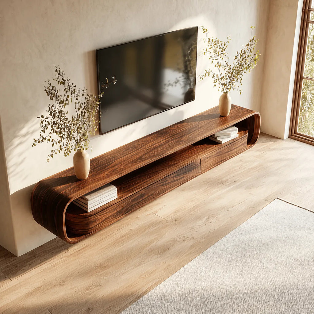 Floating Natural Solid Wood TV Stand with Curved Open Shelf Storage