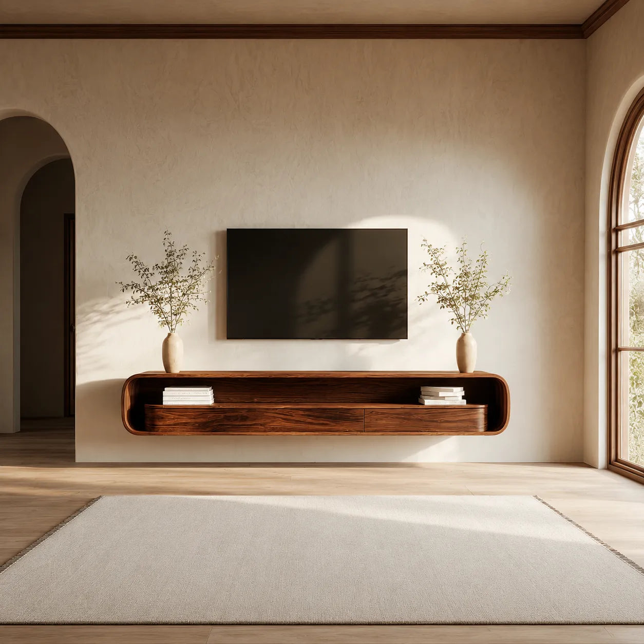 Floating Natural Solid Wood TV Stand with Curved Open Shelf Storage
