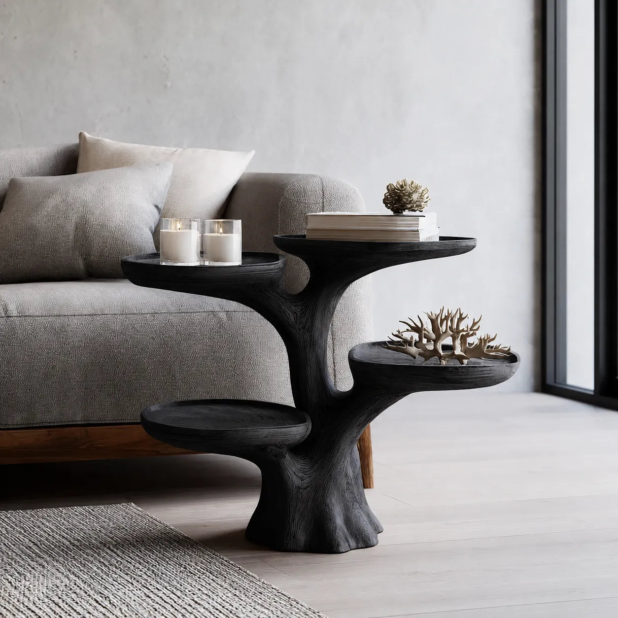 Tiered Natural Solid Wood Side Table with Sculptural Branch Base