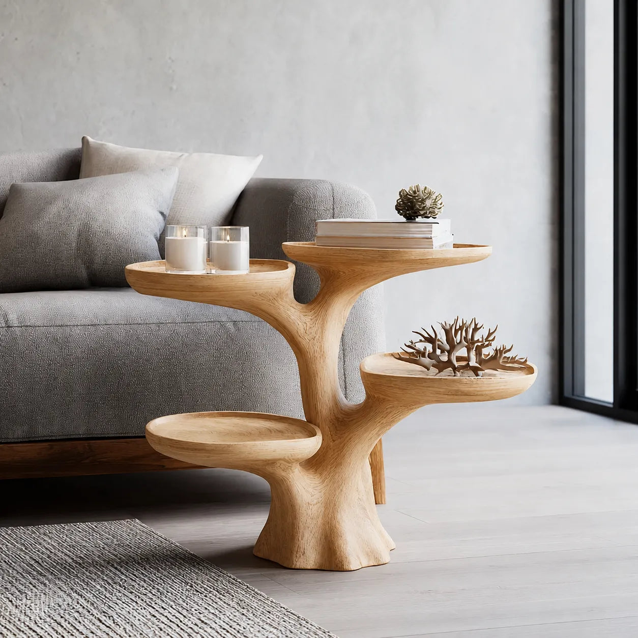 Tiered Natural Solid Wood Side Table with Sculptural Branch Base