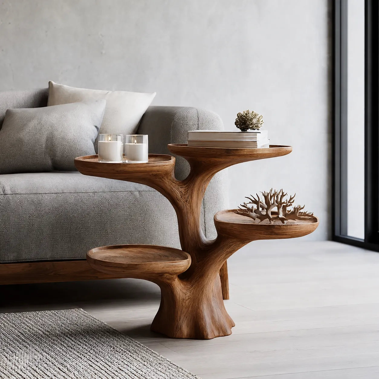 Tiered Natural Solid Wood Side Table with Sculptural Branch Base