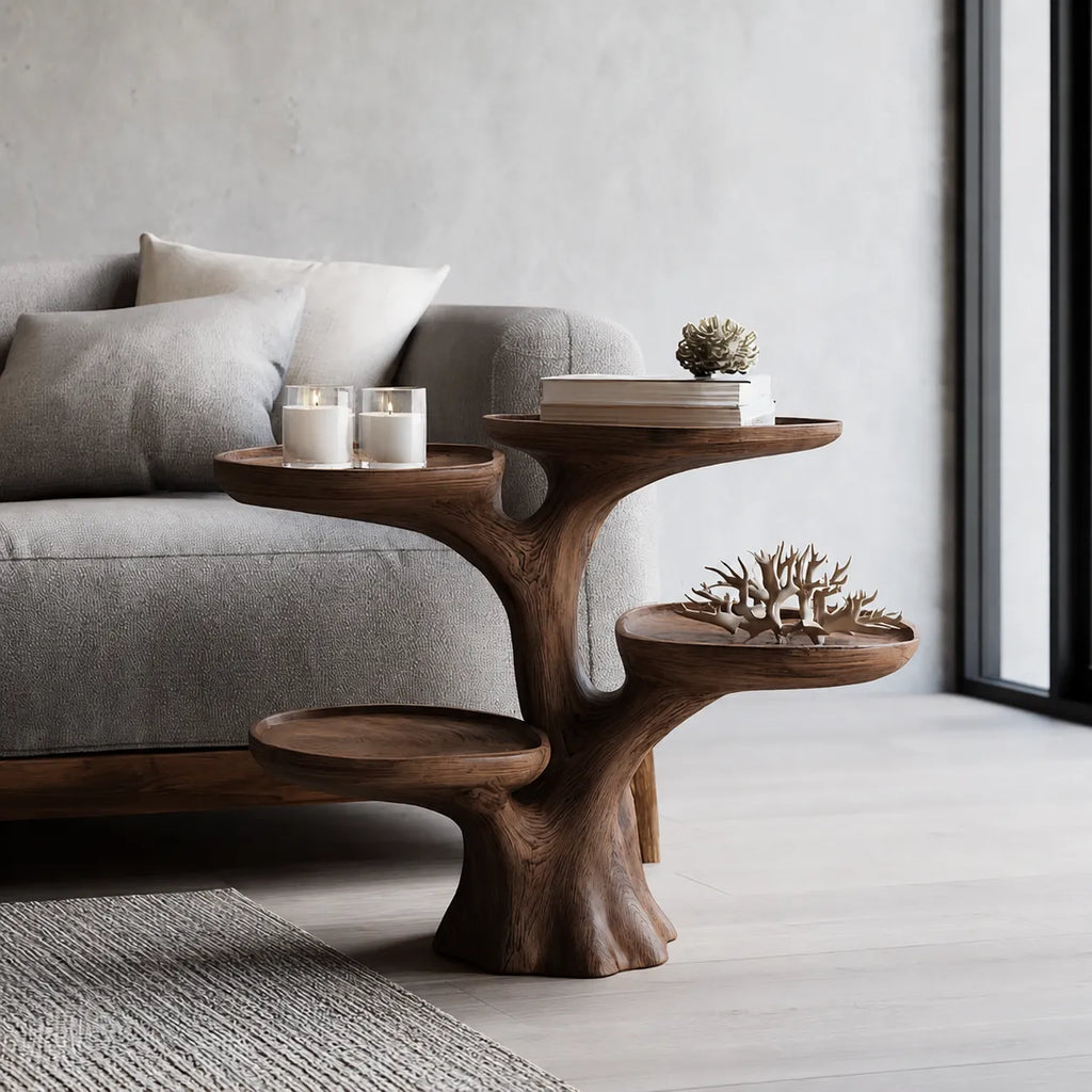 Tiered Natural Solid Wood Side Table with Sculptural Branch Base