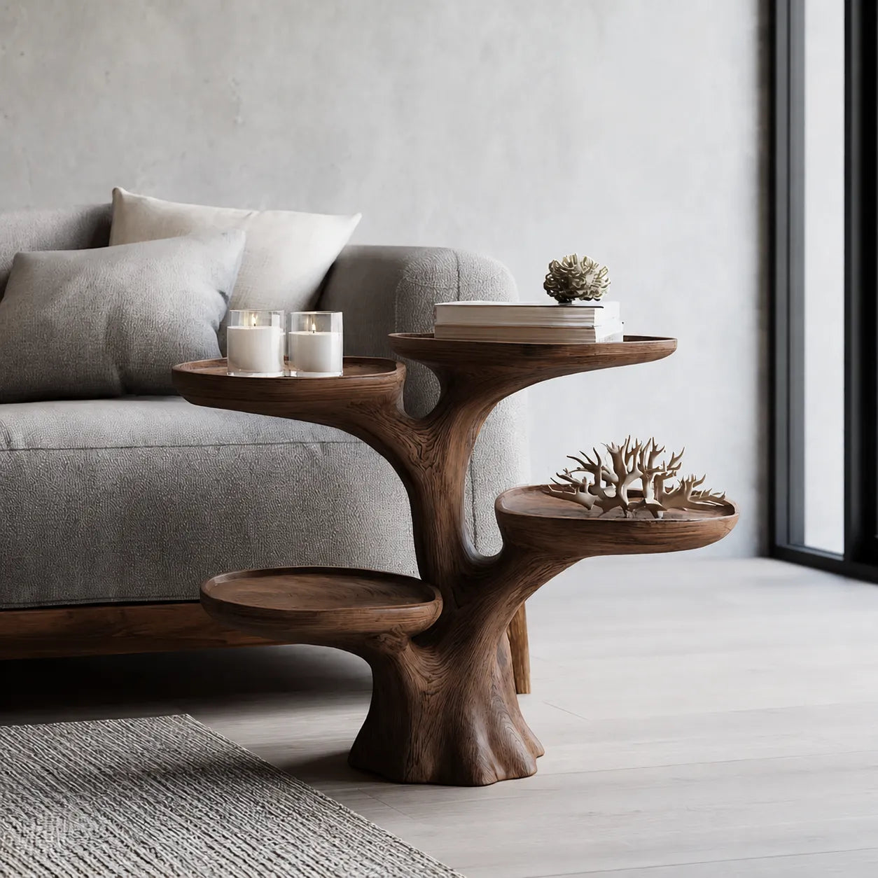 Tiered Natural Solid Wood Side Table with Sculptural Branch Base