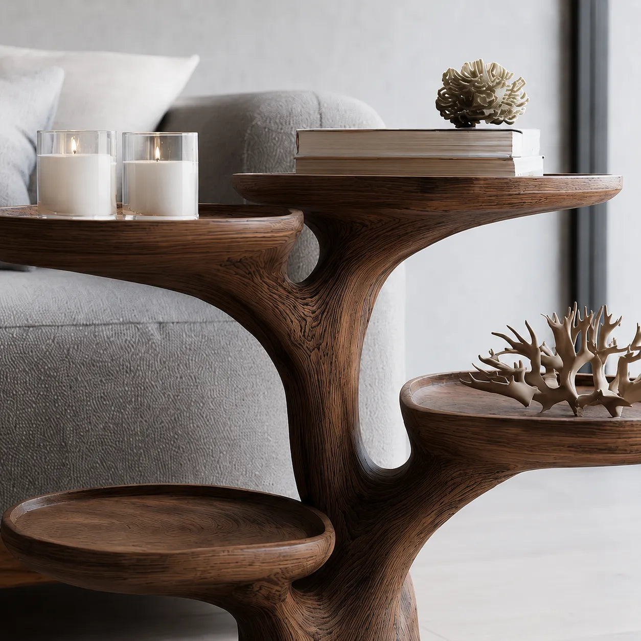 Tiered Natural Solid Wood Side Table with Sculptural Branch Base