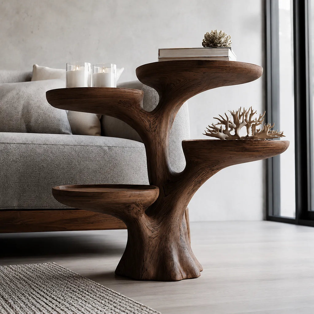 Tiered Natural Solid Wood Side Table with Sculptural Branch Base