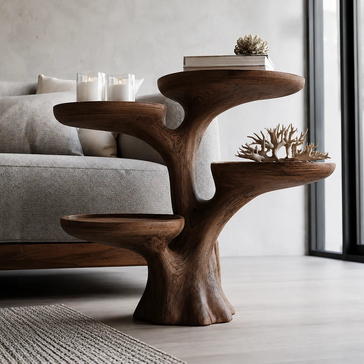 Tiered Natural Solid Wood Side Table with Sculptural Branch Base