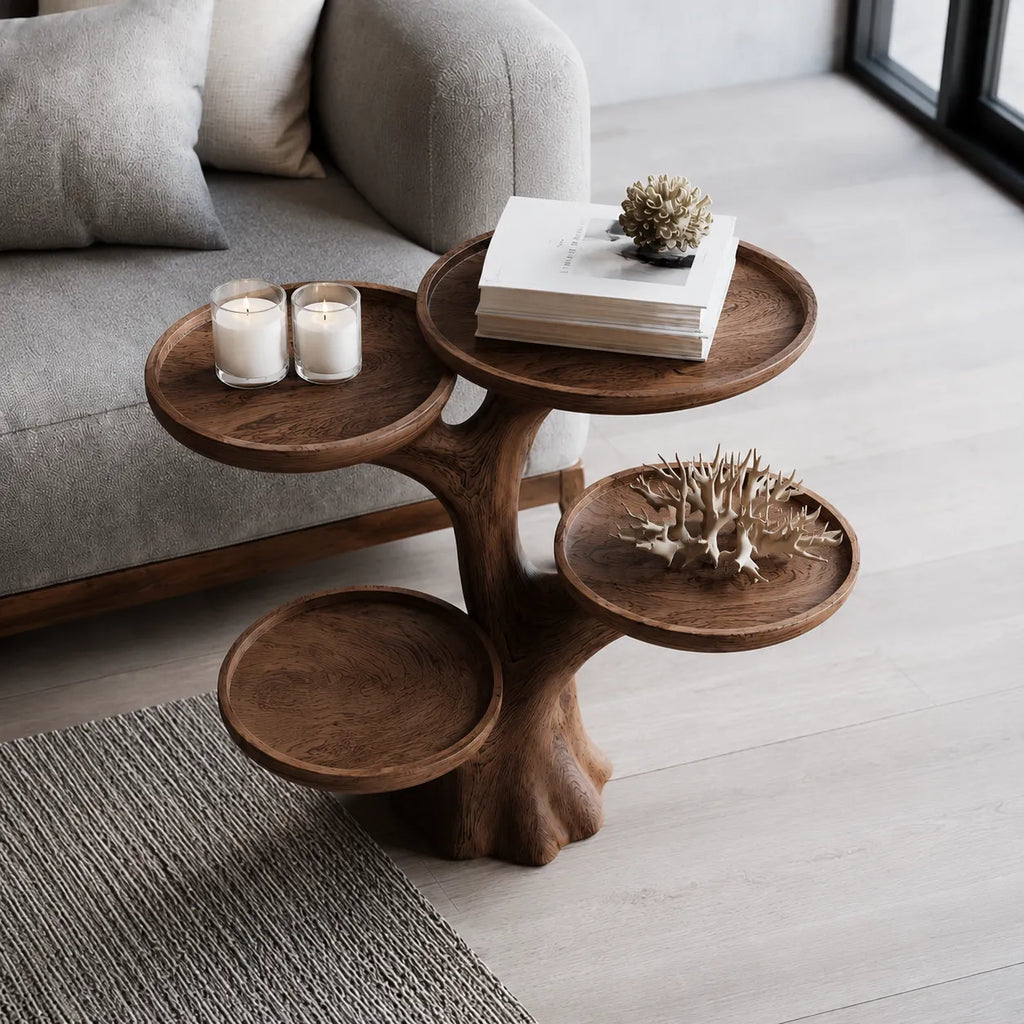 Tiered Natural Solid Wood Side Table with Sculptural Branch Base