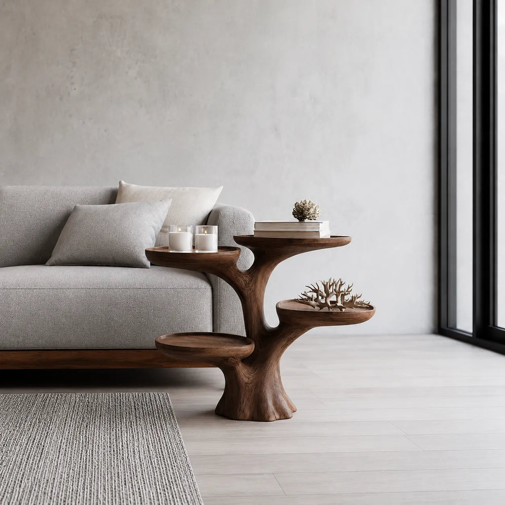 Tiered Natural Solid Wood Side Table with Sculptural Branch Base
