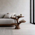 Tiered Natural Solid Wood Side Table with Sculptural Branch Base