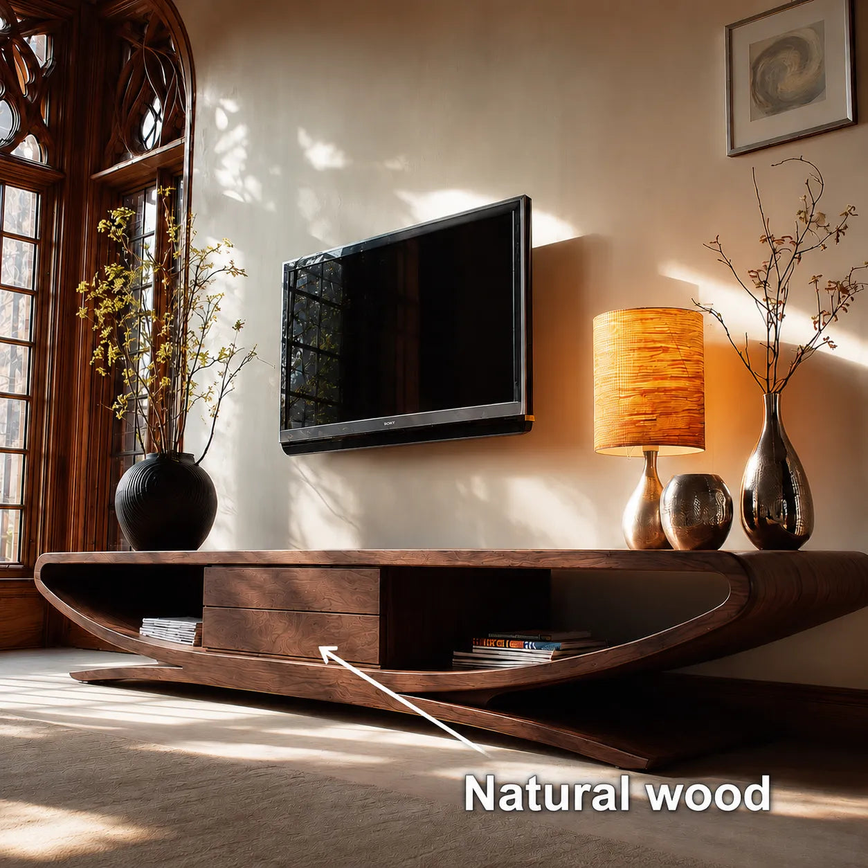 Sculptural Natural Solid Wood TV Stand with Open Shelves and Drawers