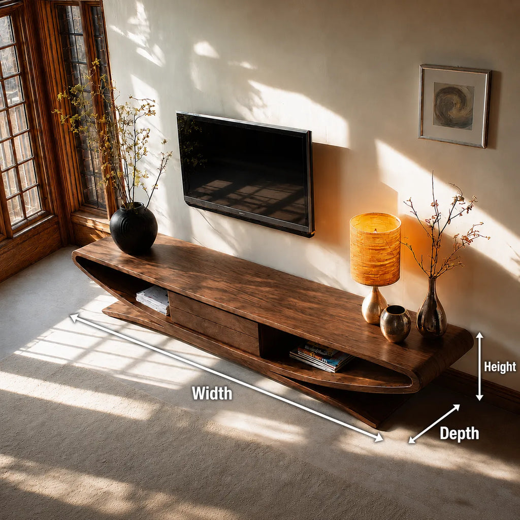 Sculptural Natural Solid Wood TV Stand with Open Shelves and Drawers