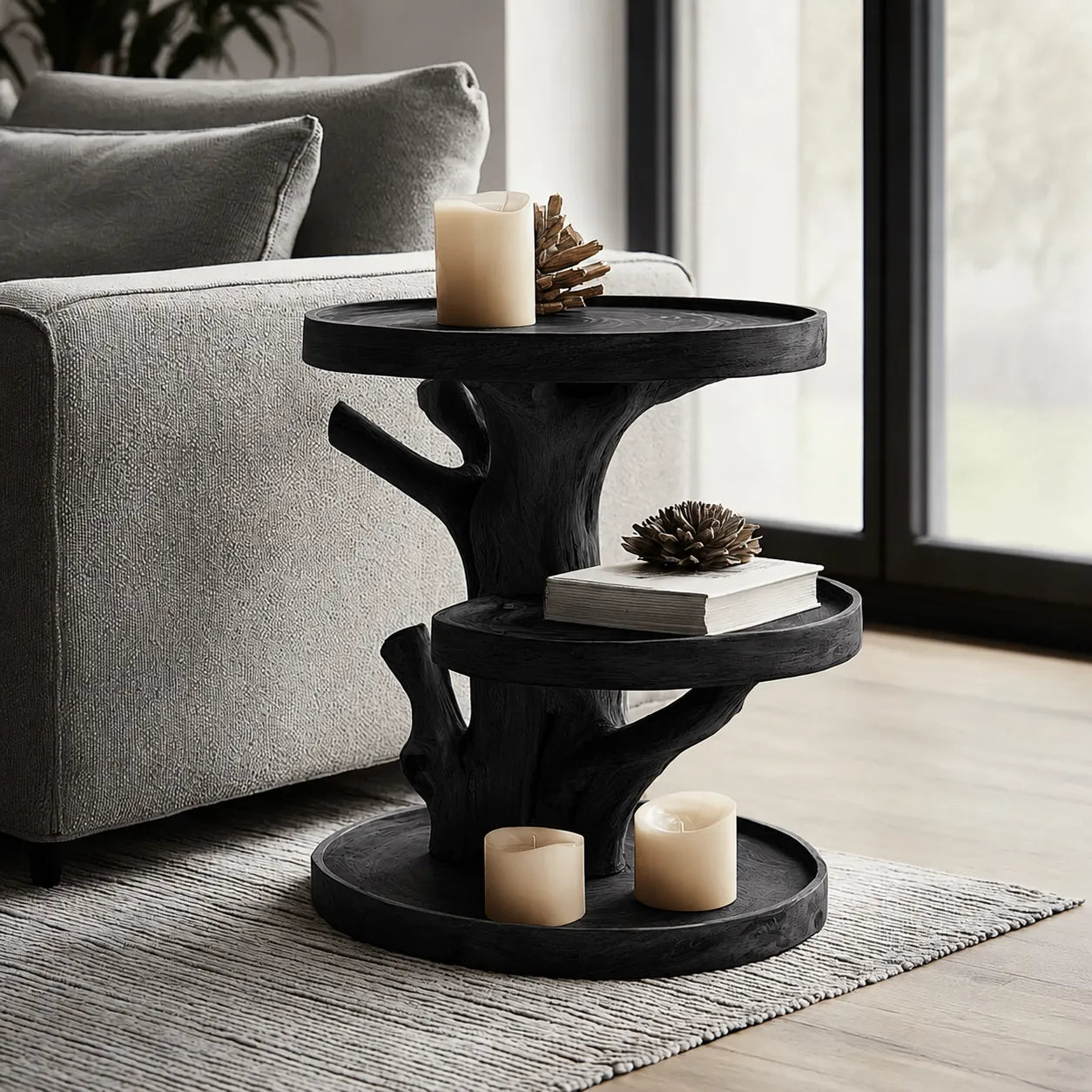 Tiered Natural Solid Wood Side Table with Tree Branch Base