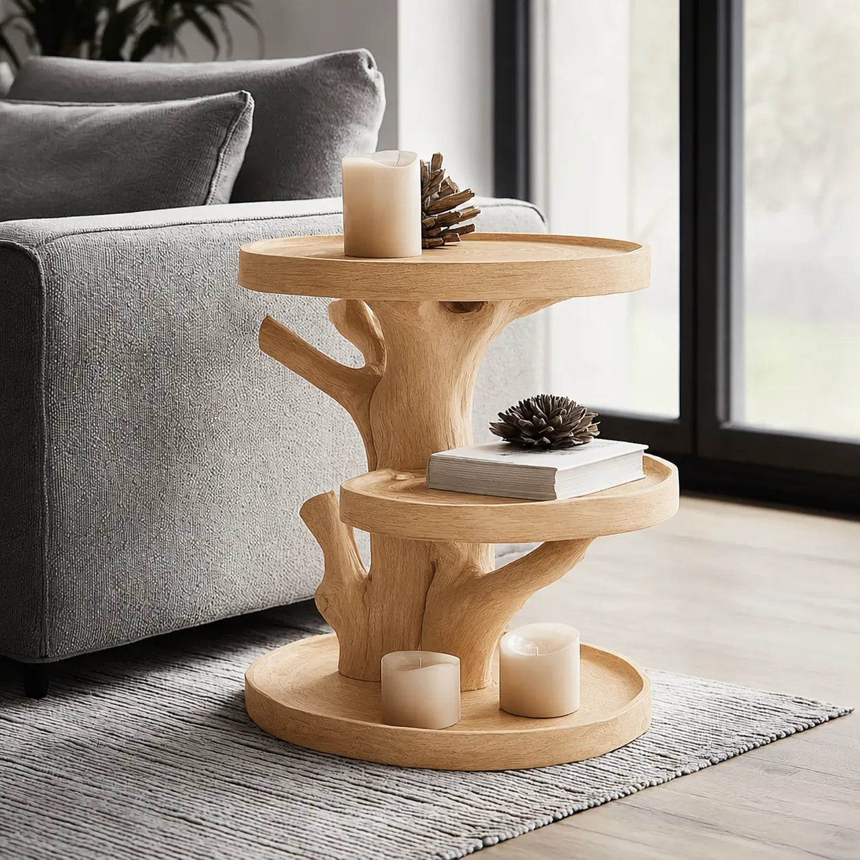 Tiered Natural Solid Wood Side Table with Tree Branch Base