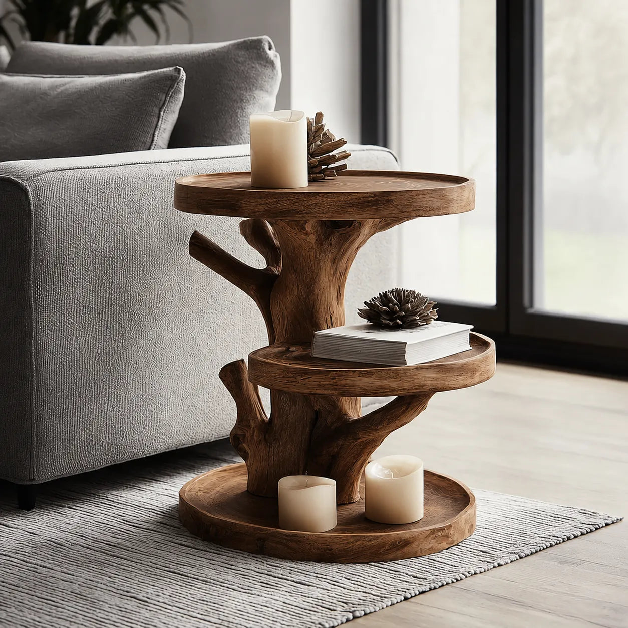 Tiered Natural Solid Wood Side Table with Tree Branch Base