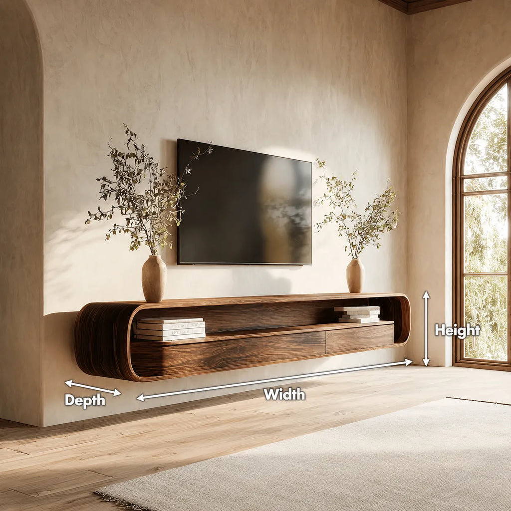 Floating Natural Solid Wood TV Stand with Curved Open Shelf Storage