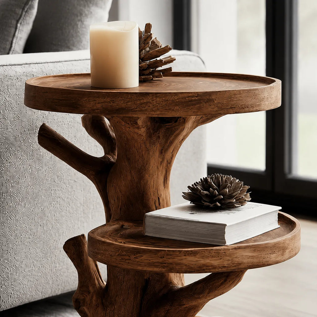 Tiered Natural Solid Wood Side Table with Tree Branch Base
