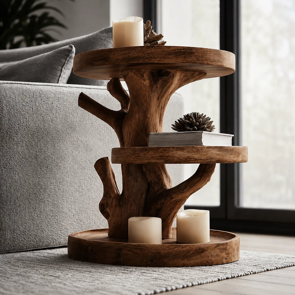 Tiered Natural Solid Wood Side Table with Tree Branch Base