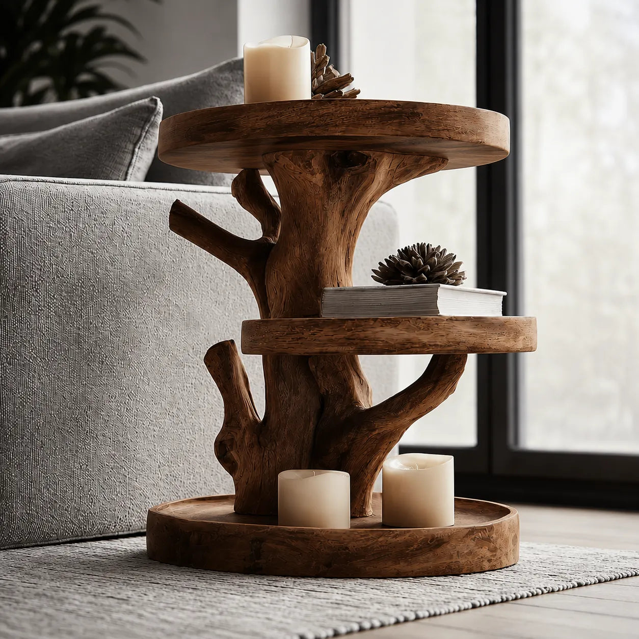 Tiered Natural Solid Wood Side Table with Tree Branch Base