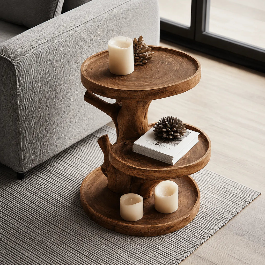 Tiered Natural Solid Wood Side Table with Tree Branch Base