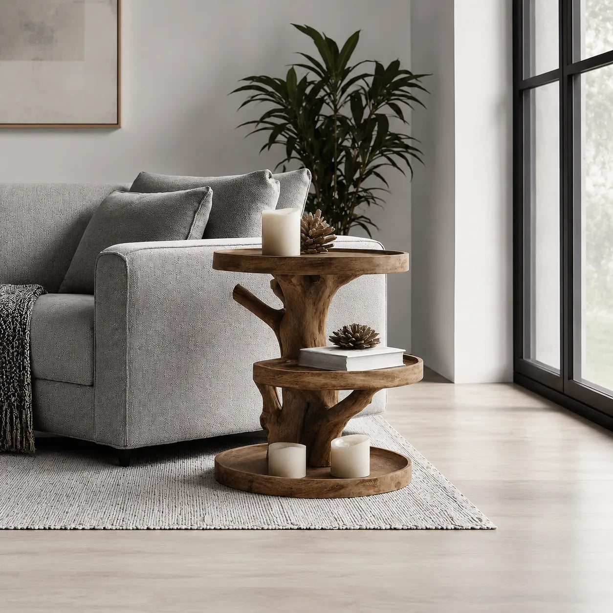 Tiered Natural Solid Wood Side Table with Tree Branch Base