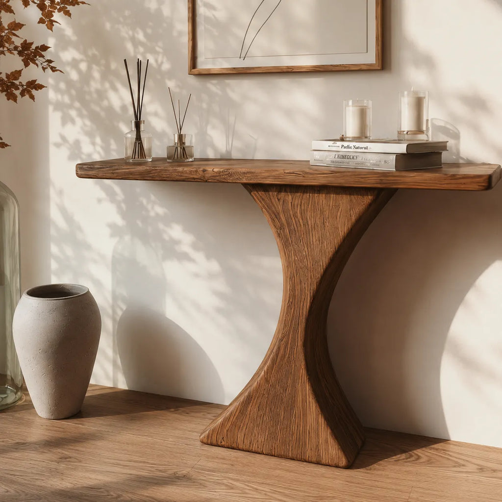 Natural Solid Wood Sculptural Console Table for Entryway and Hallway