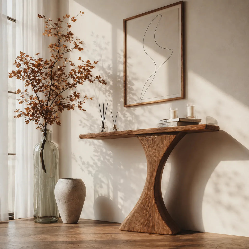 Natural Solid Wood Sculptural Console Table for Entryway and Hallway