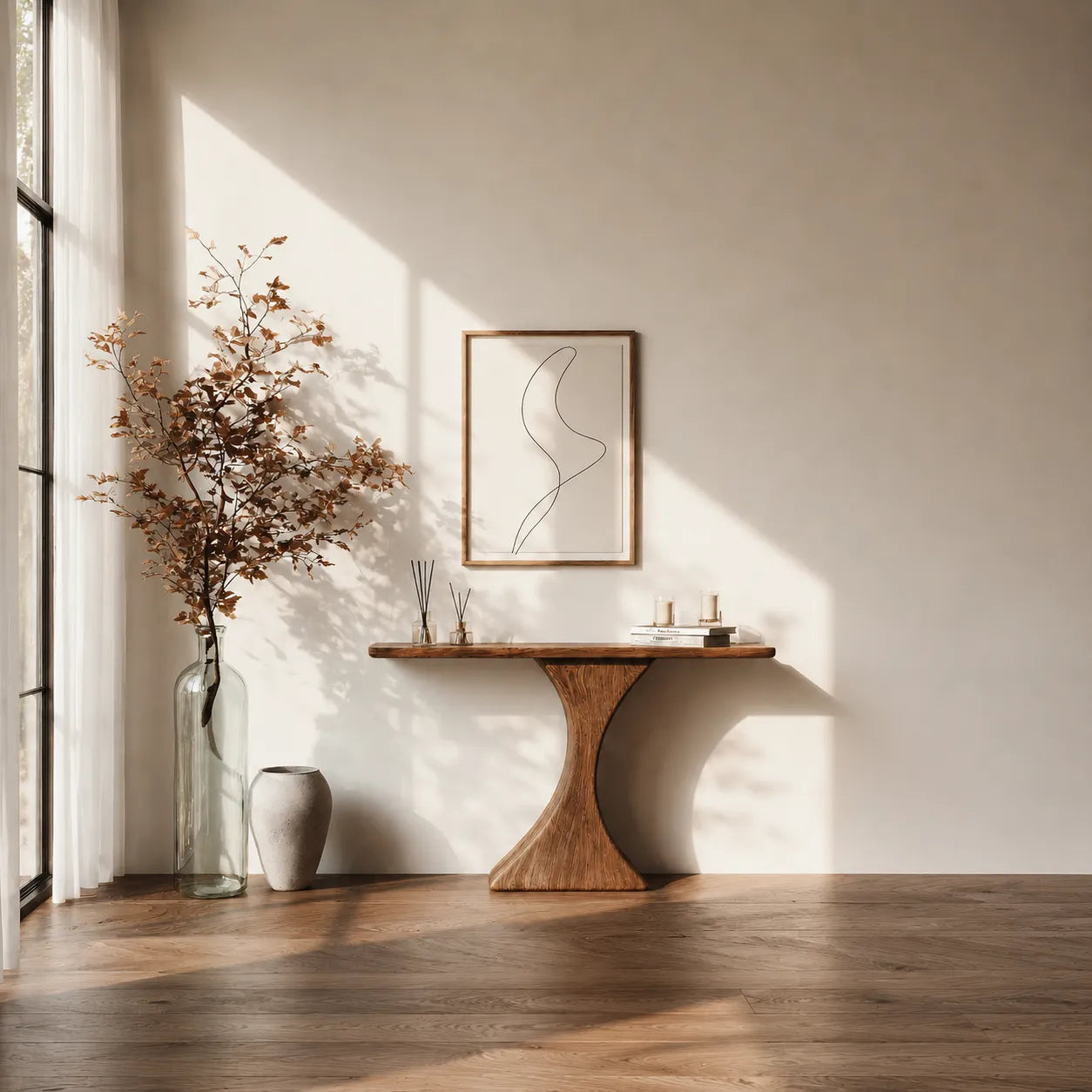Natural Solid Wood Sculptural Console Table for Entryway and Hallway