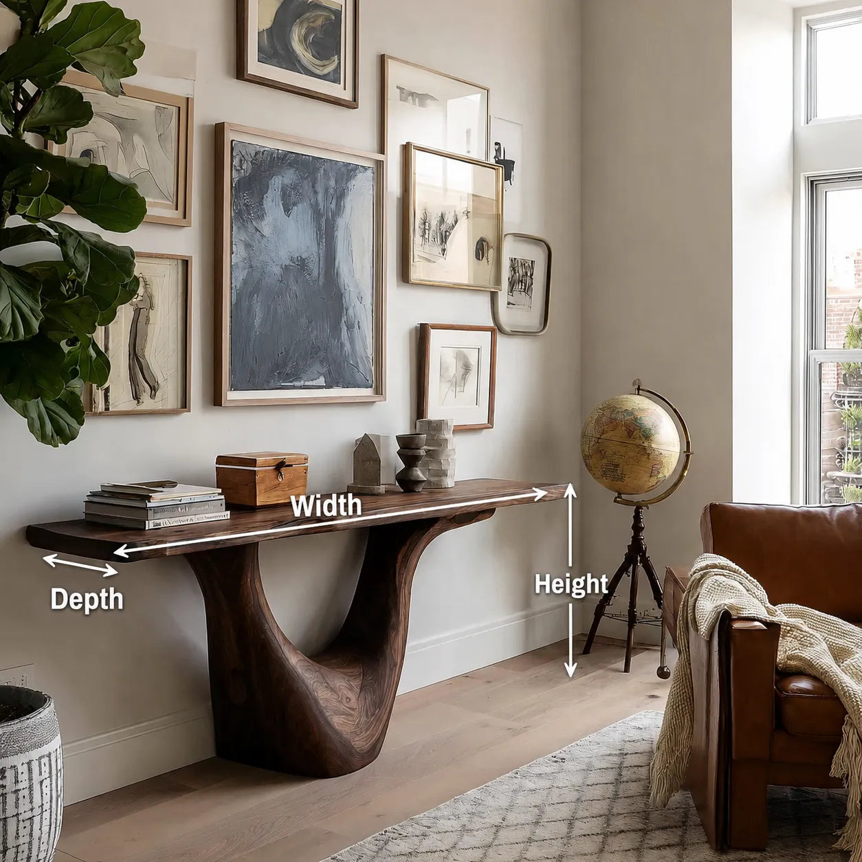 Organic Natural Solid Wood Console Table with Sculptural Open Base