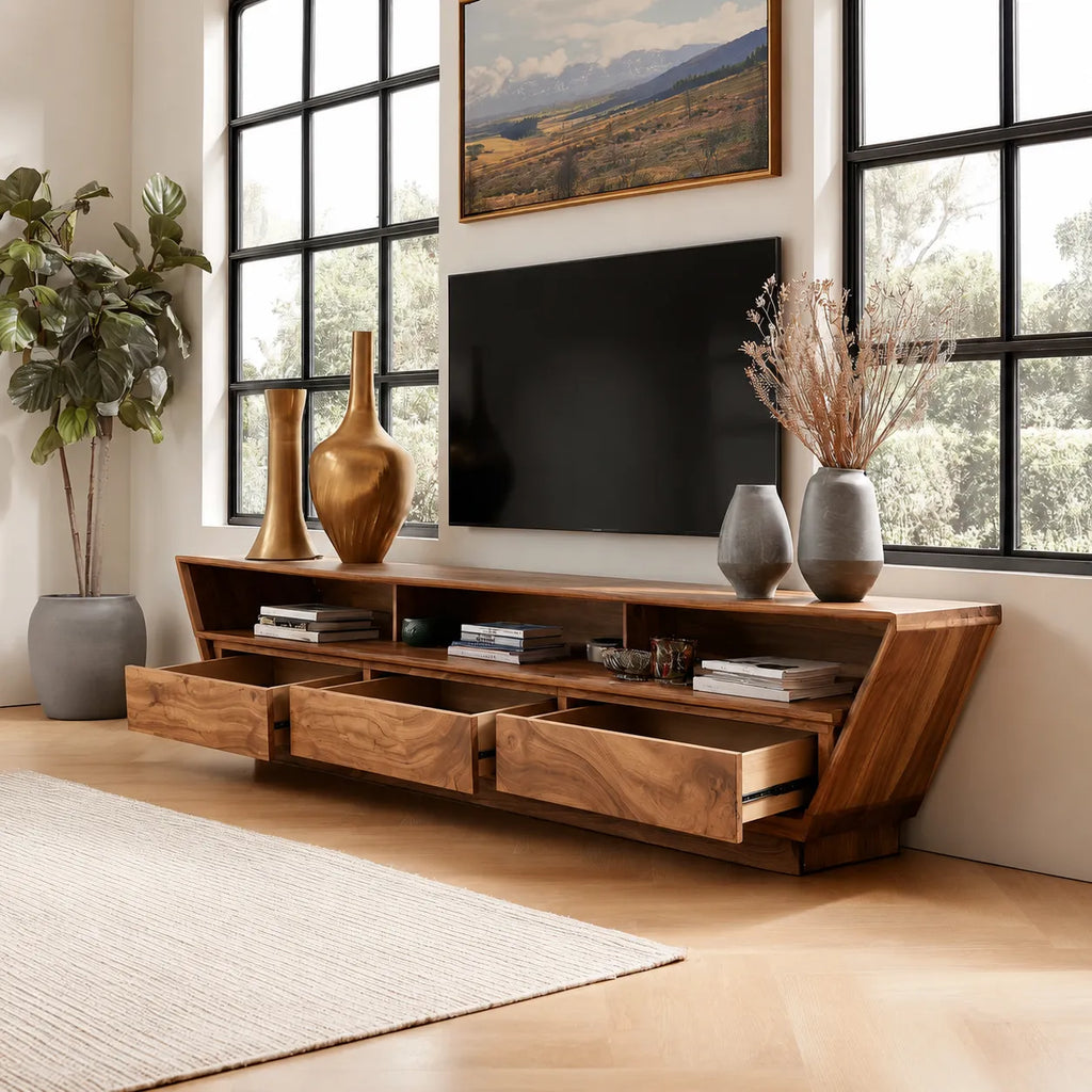 Geometric Natural Solid Wood TV Stand with Open Shelf and Hidden Storage